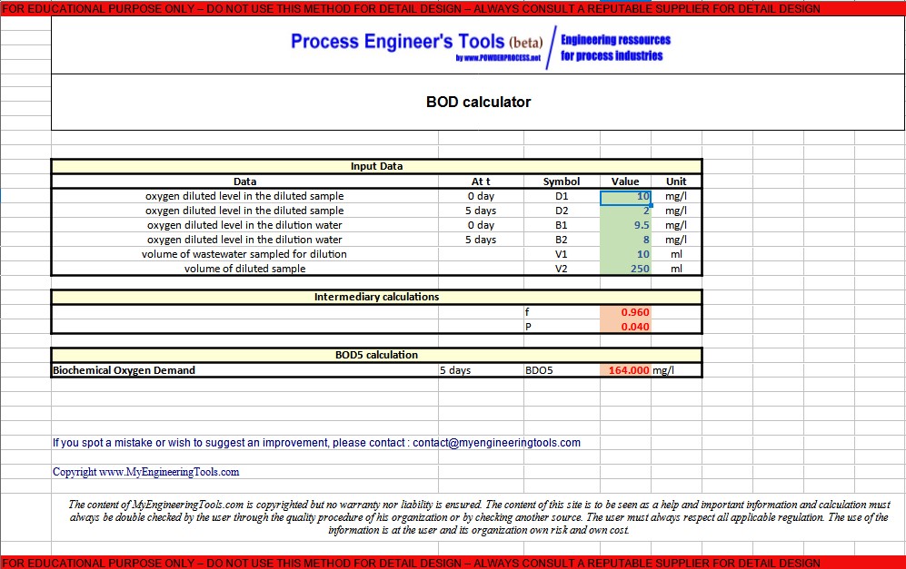 BOD Excel calculator