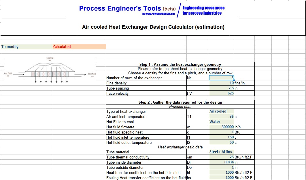 Screenshot Air Cooled Heat Exchanger calculator