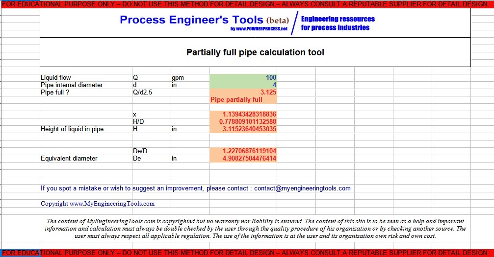 Screenshot Partially filled pipe calculator