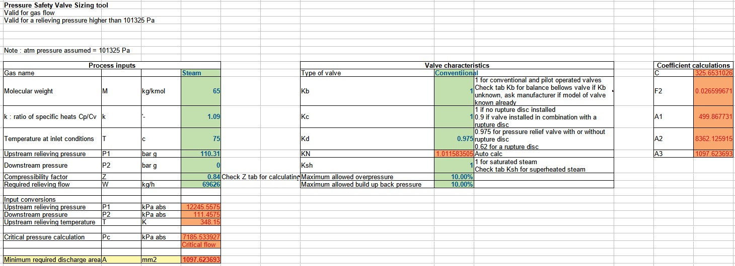 Screenshot Pressure safety valve calculator