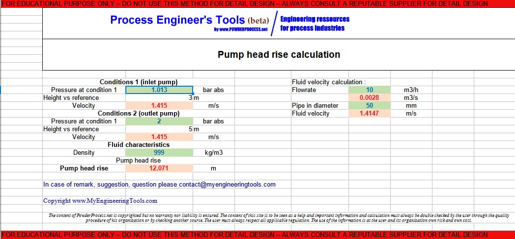 Screenshot Pump head rise calculator