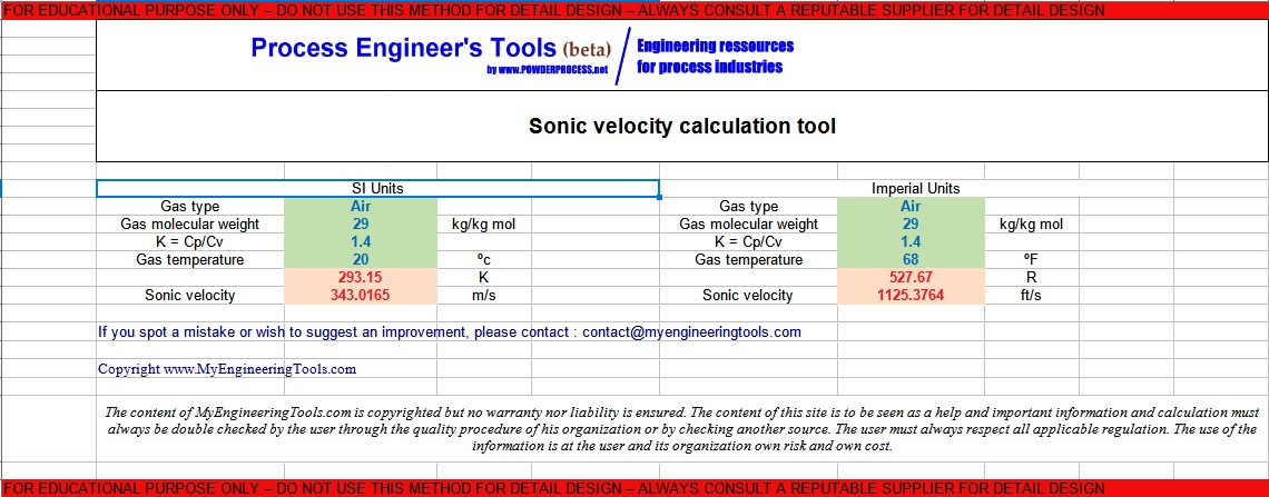Screenshot of Sonic velocity Excel calculator