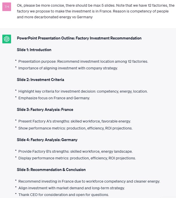 ChatGPT prompt to make the outline of a powerpoint presentation more concise