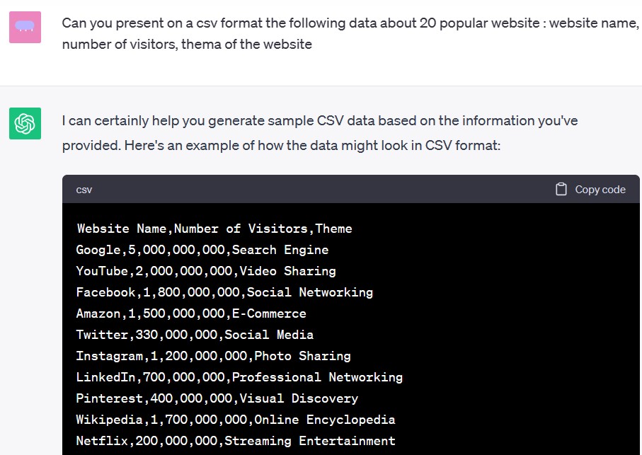 ChatGPT prompt to get a csv file format