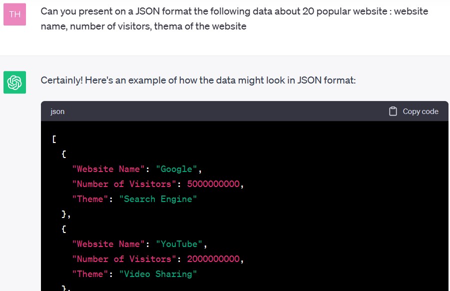 ChatGPT prompt to get a JSON file format