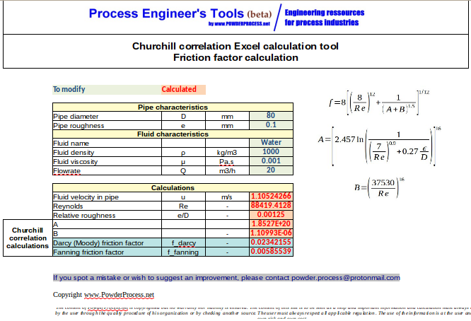 Screenshot Excel calculation tool for friction factor calculation by Churchill correlation