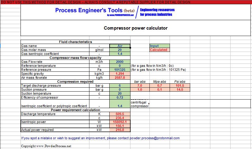 Compressor power Excel calculator