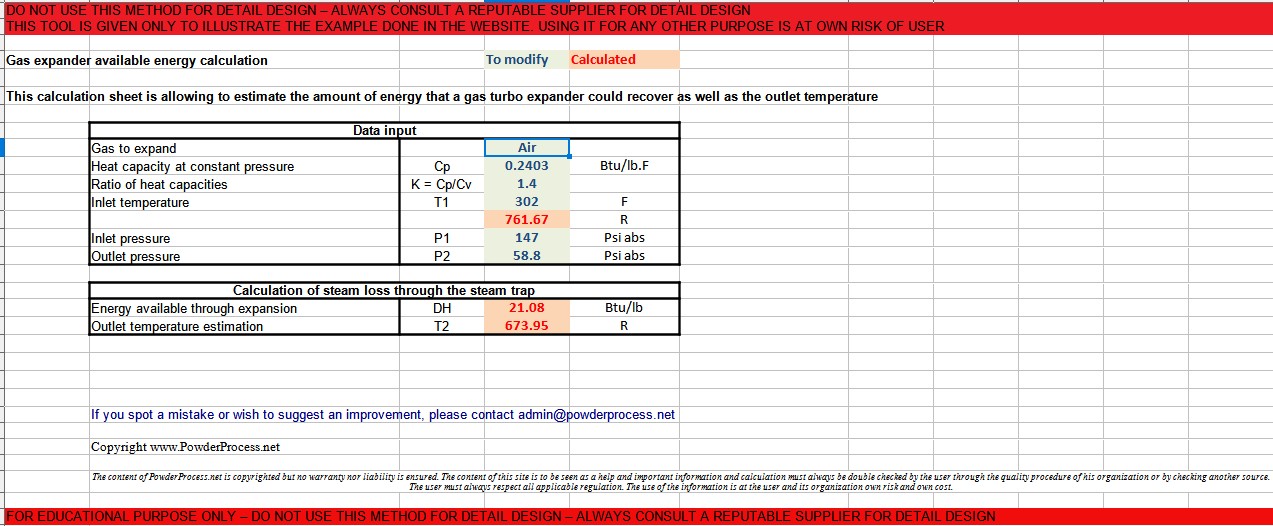 Gas expander energy available Excel calculator