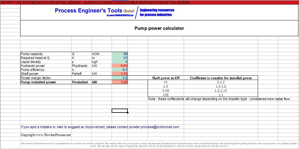 Excel calculation tool for pump power calculation